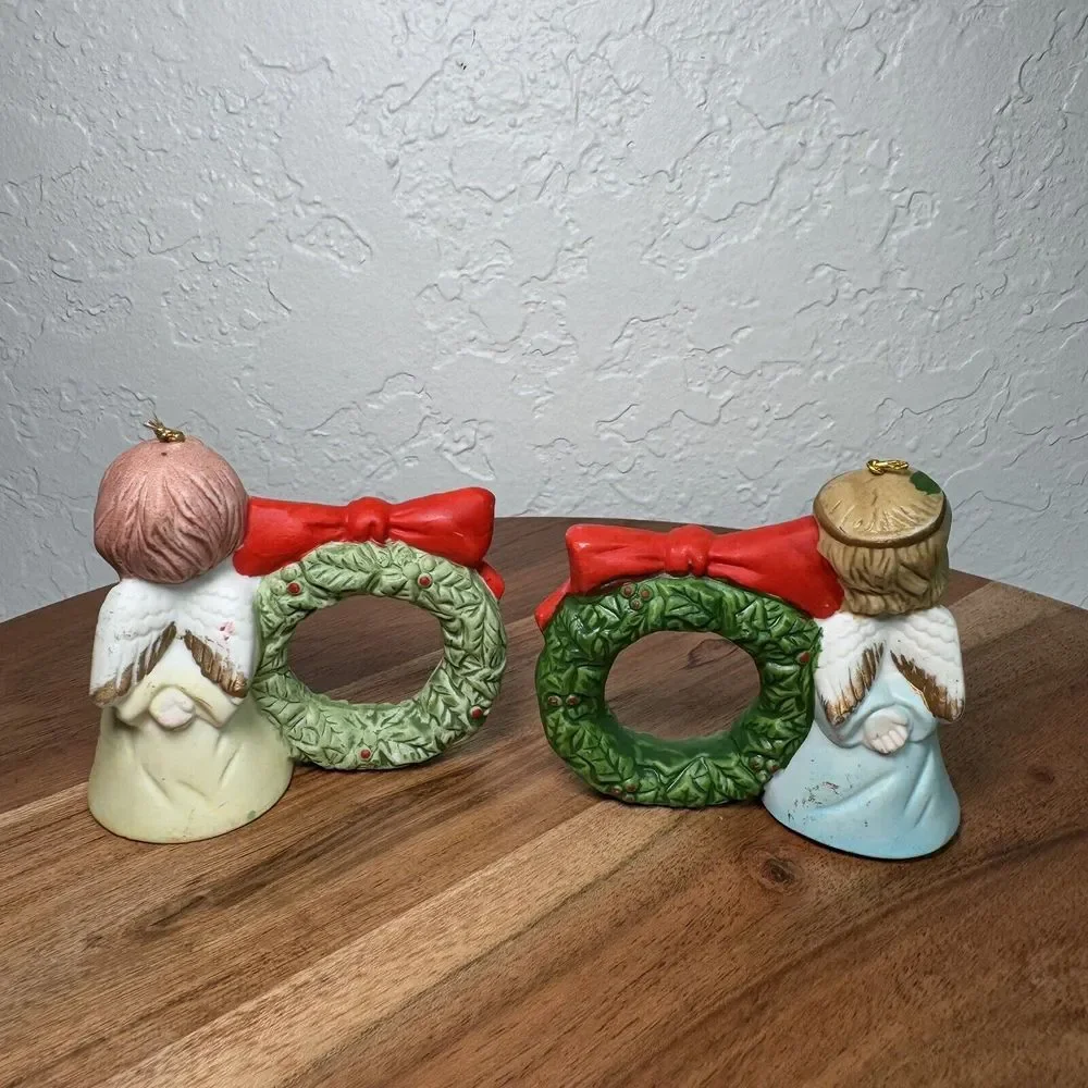 Vintage‎ 70's Jasco Little Chimers Christmas Bell Napkin Rings 2 Angel Wreathes
